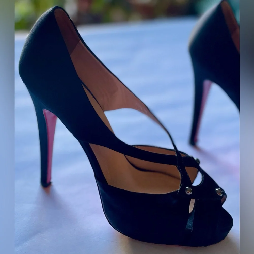 Christian Louboutin Satin Studded Accents T-strap Pumps - Picture 2 of 16
